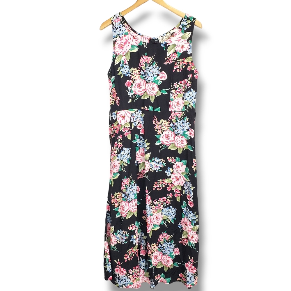 Vintage Erika Black Floral Print Maxi Dress Size Medium